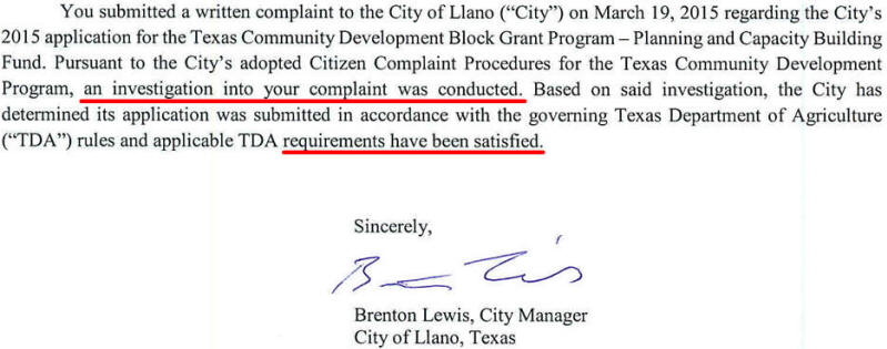 Llano City Manager Brenton Lewis Response