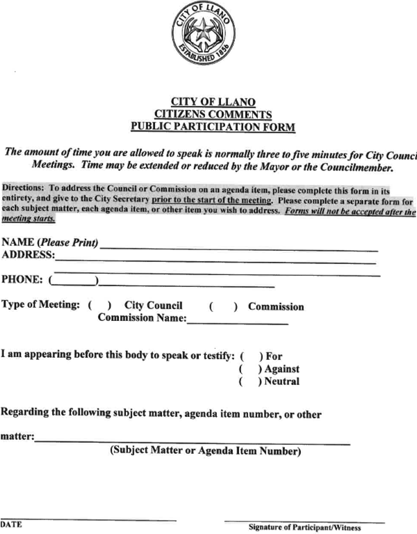 Llano Citizen Comment Form