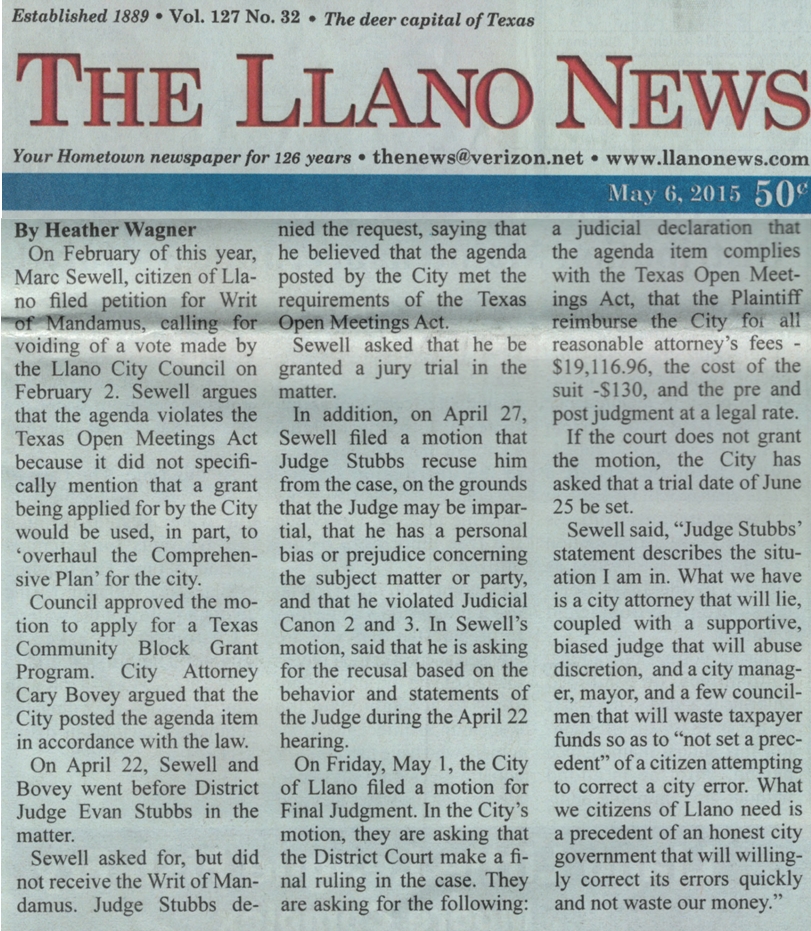 Llano News Judge Stubbs Article